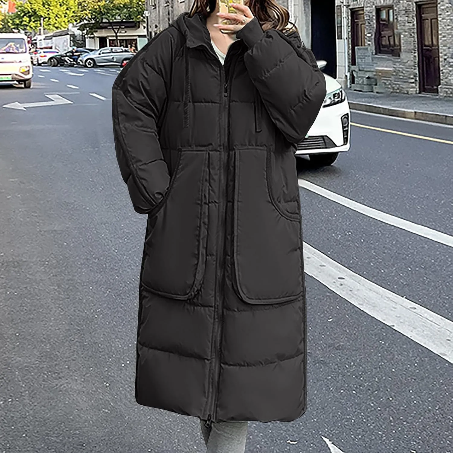 Women Winter Long Quilted Coat Maxi Length Puffer Jacket Padded Coat Cotton Hooded Long Sleeve with Oversized Pockets