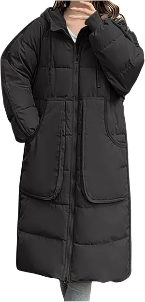 Women Winter Long Quilted Coat Maxi Length Puffer Jacket Padded Coat Cotton Hooded Long Sleeve with Oversized Pockets