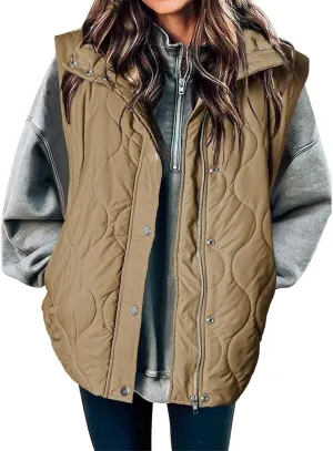 Women Winter Oversized Puffer Vest Sleeveless Jacket Zip Up Lightweight Stand Collar Insulated Padded Puffy Jackets Coat