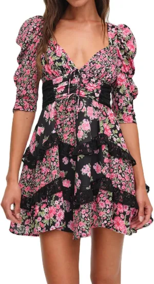 Women Y2K Floral Patchwork Mini Dress Puff Short Sleeve Tiered Ruffle Dress Bohemia Tie Up Backless Sundress