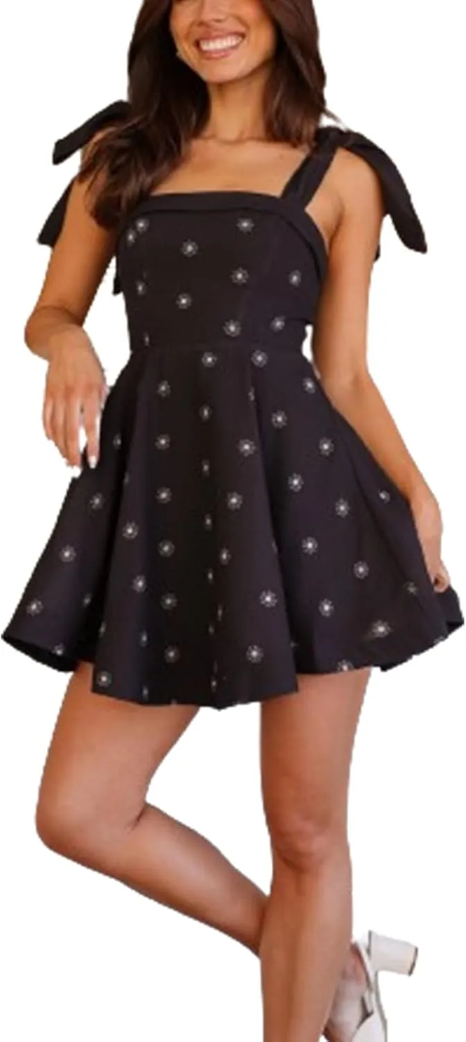 Women Y2k Tie Shoulder Mini Dress Elegant Floral Print Backless Flowy A Line Dress Summer Beach Party Short Sundress