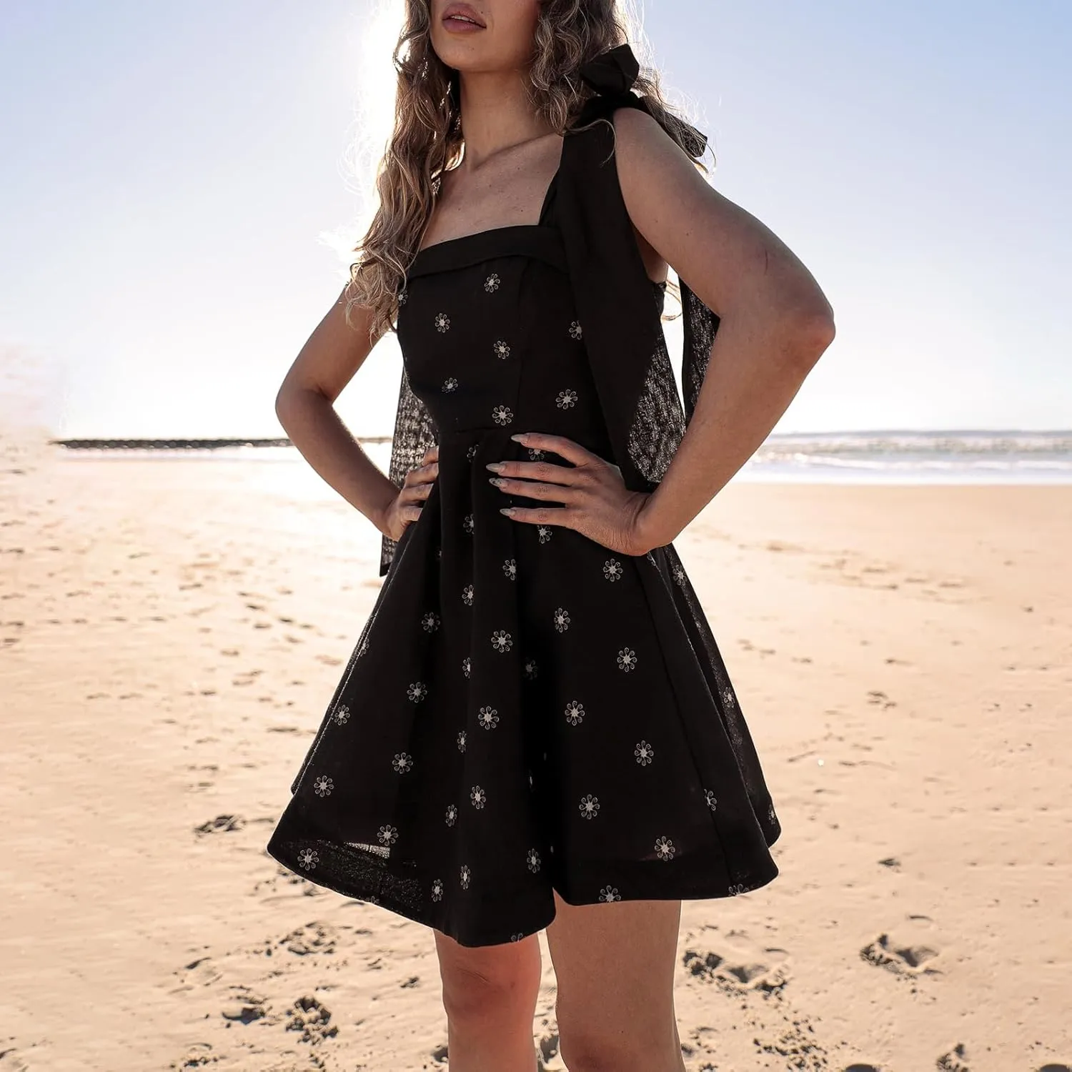 Women Y2k Tie Shoulder Mini Dress Elegant Floral Print Backless Flowy A Line Dress Summer Beach Party Short Sundress