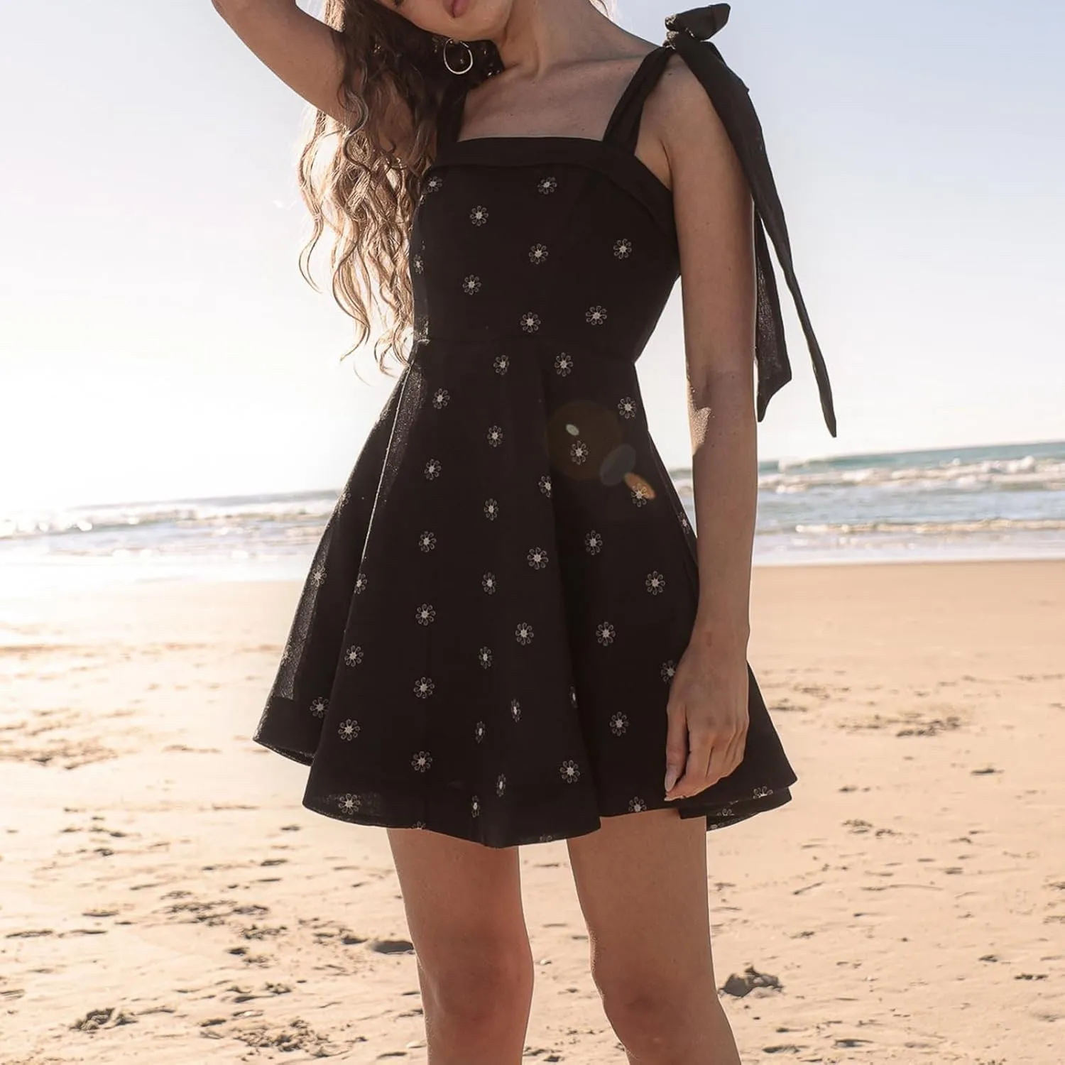 Women Y2k Tie Shoulder Mini Dress Elegant Floral Print Backless Flowy A Line Dress Summer Beach Party Short Sundress