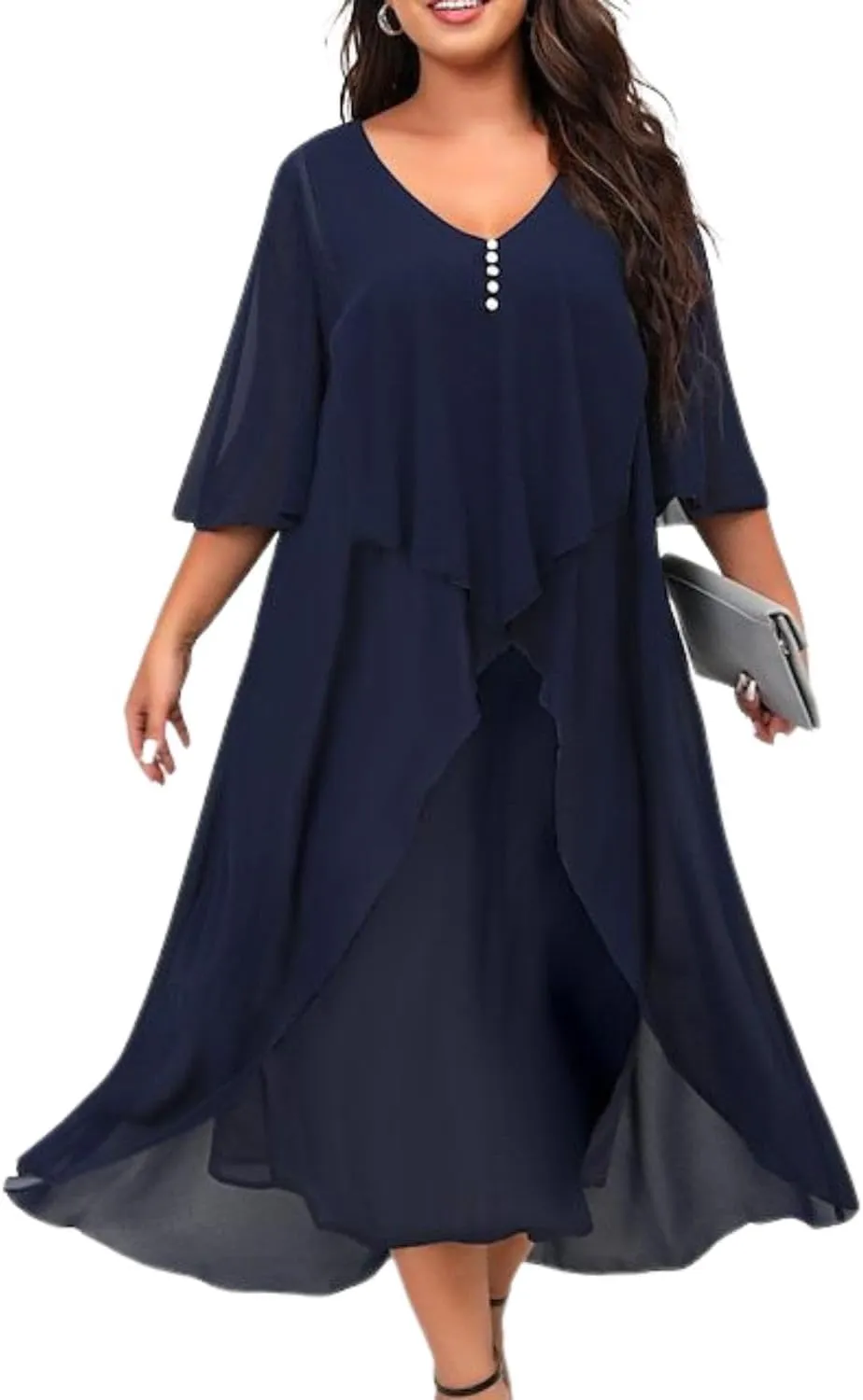 Women's 3/4 Sleeve Dating A Line Dress Business V Neck Sundress Sexy Loose Fit Midi Dress
