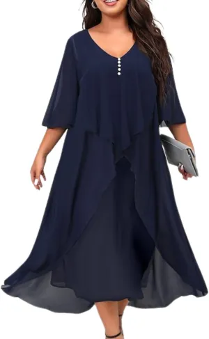 Women's 3/4 Sleeve Dating A Line Dress Business V Neck Sundress Sexy Loose Fit Midi Dress