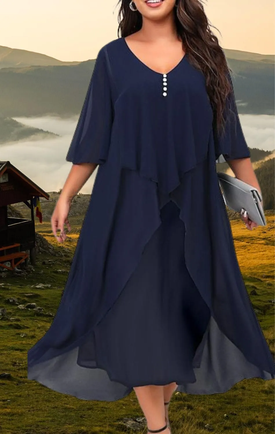 Women's 3/4 Sleeve Dating A Line Dress Business V Neck Sundress Sexy Loose Fit Midi Dress