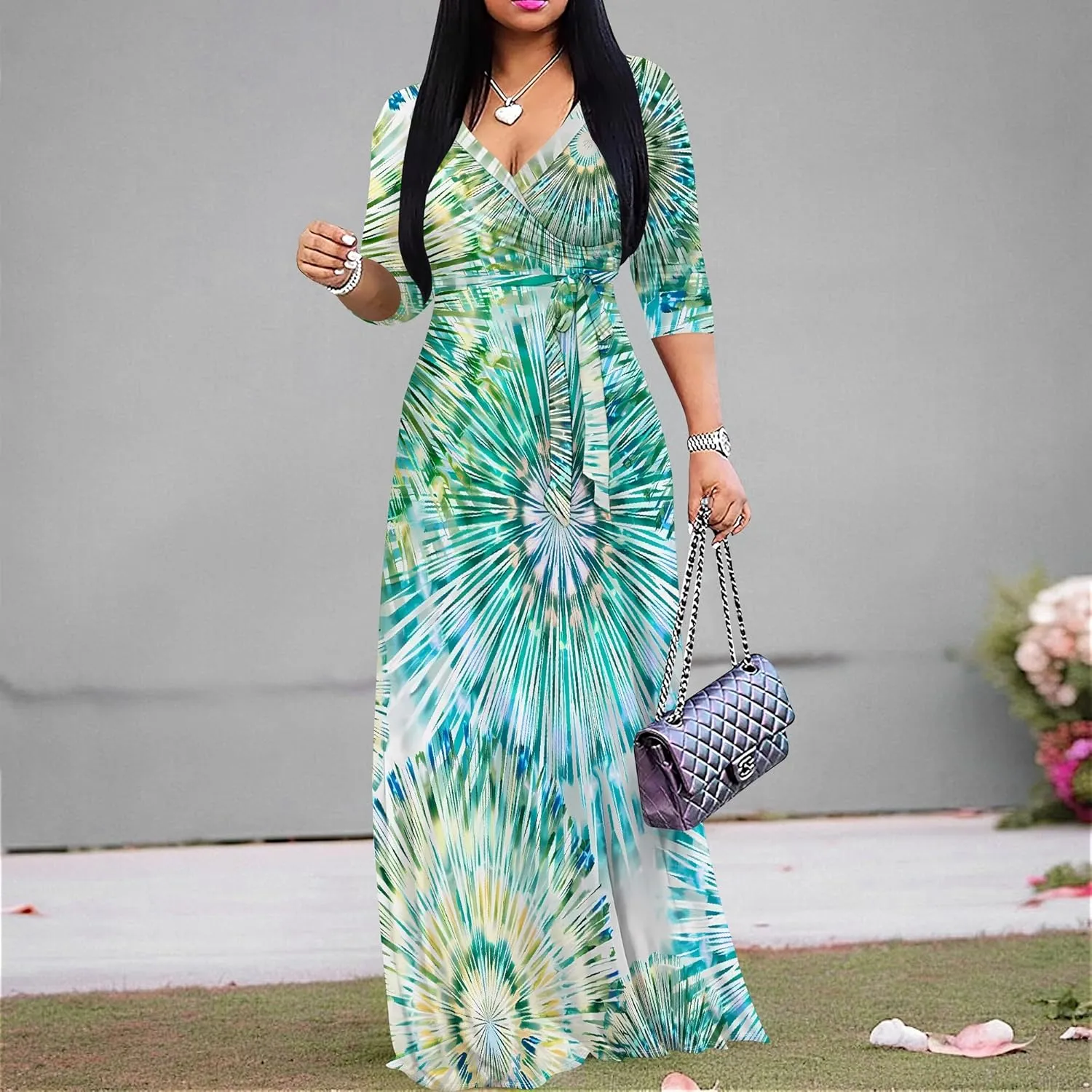Women's Abstract V-Neck Maxi Dress Flowy 3/4 Sleeve Dress Spring Casual Beach Sundress with Belt