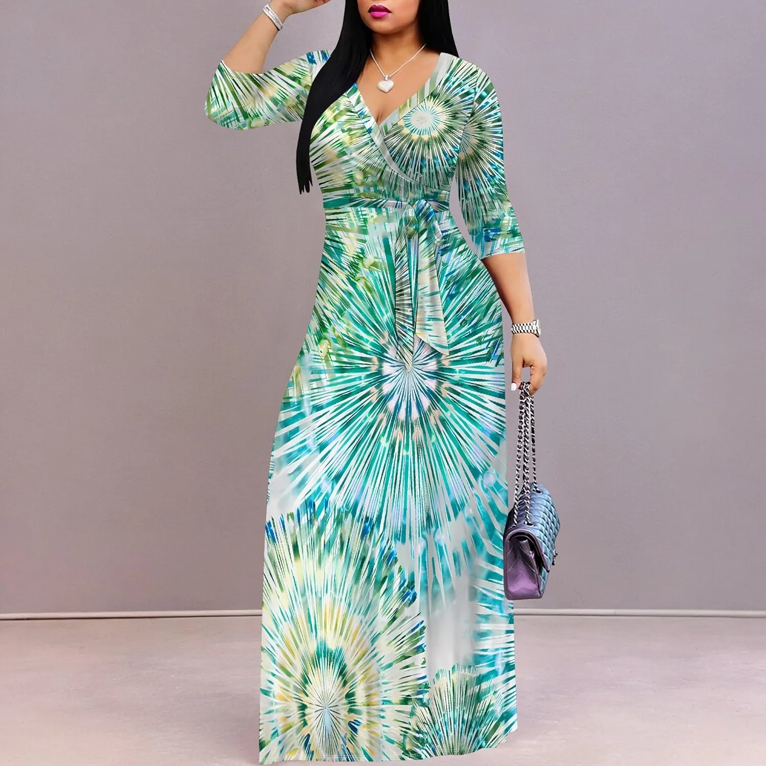 Women's Abstract V-Neck Maxi Dress Flowy 3/4 Sleeve Dress Spring Casual Beach Sundress with Belt