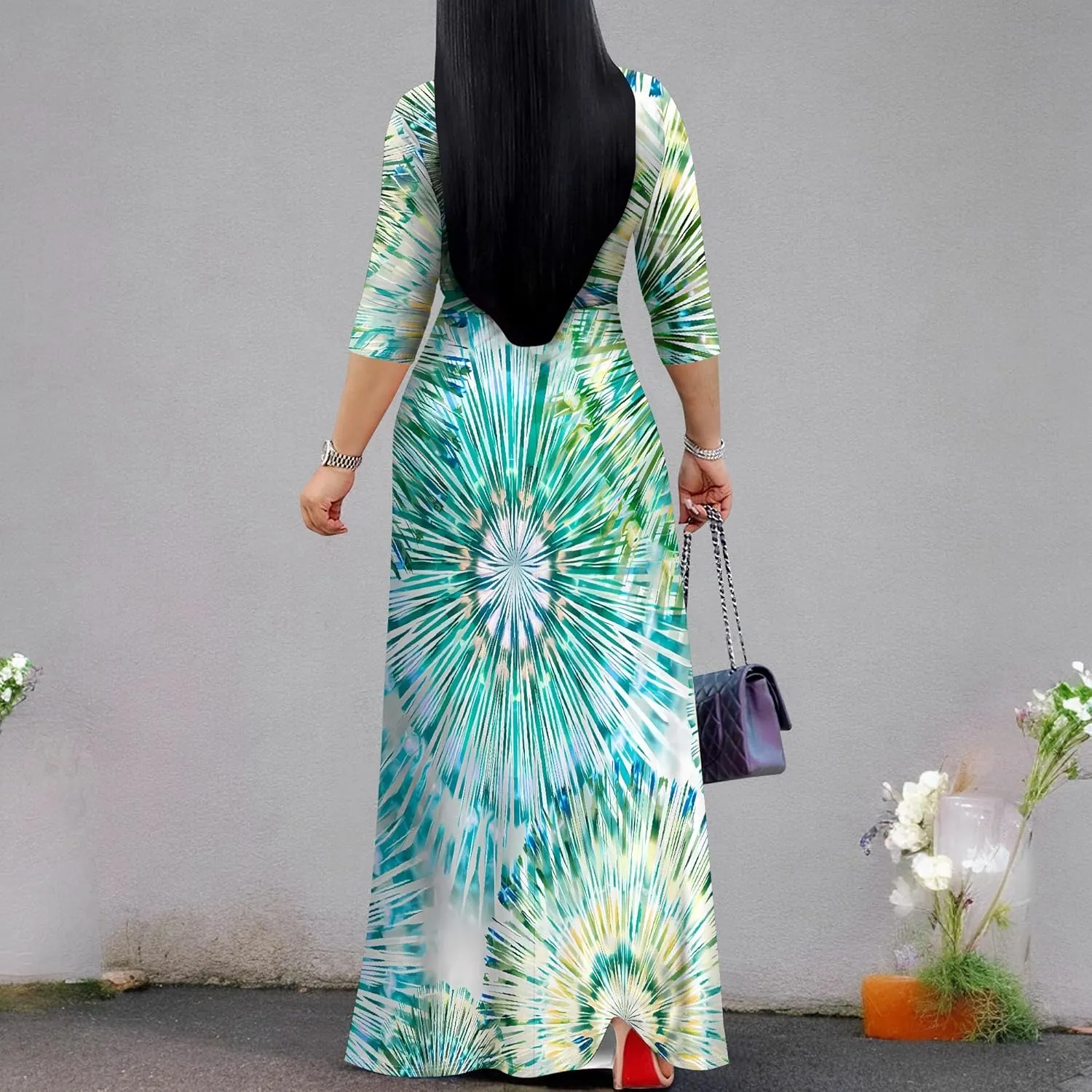 Women's Abstract V-Neck Maxi Dress Flowy 3/4 Sleeve Dress Spring Casual Beach Sundress with Belt