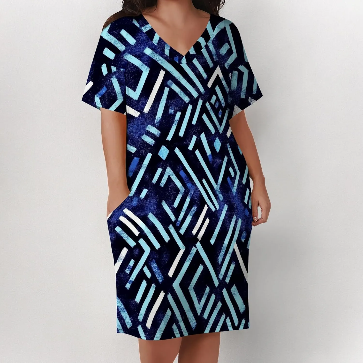 Women's African Print T-Shirt Dress Oversize V-Neck Short Sleeve Midi Dress Summer Casual Beach Sundress with Pockets