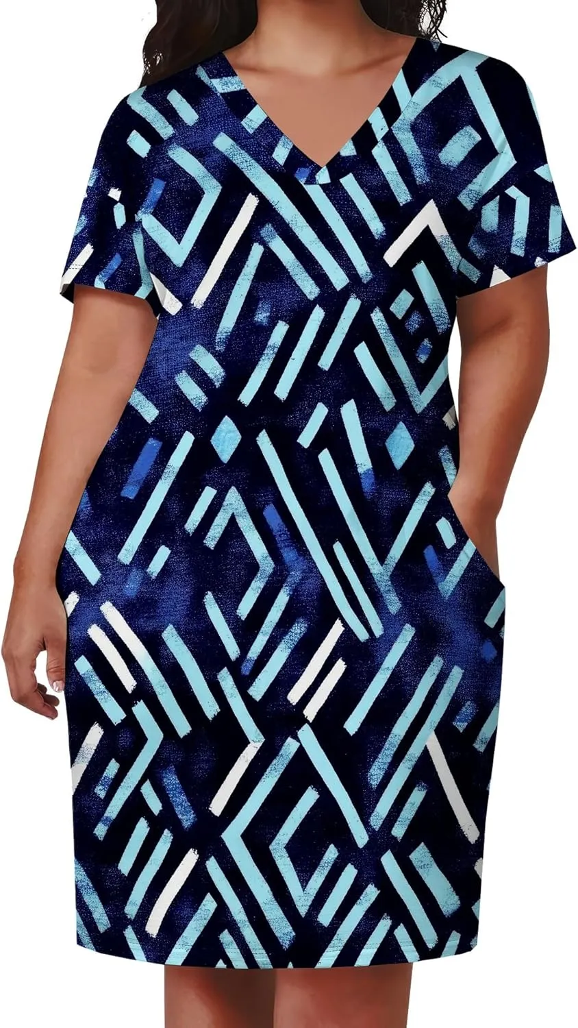 Women's African Print T-Shirt Dress Oversize V-Neck Short Sleeve Midi Dress Summer Casual Beach Sundress with Pockets