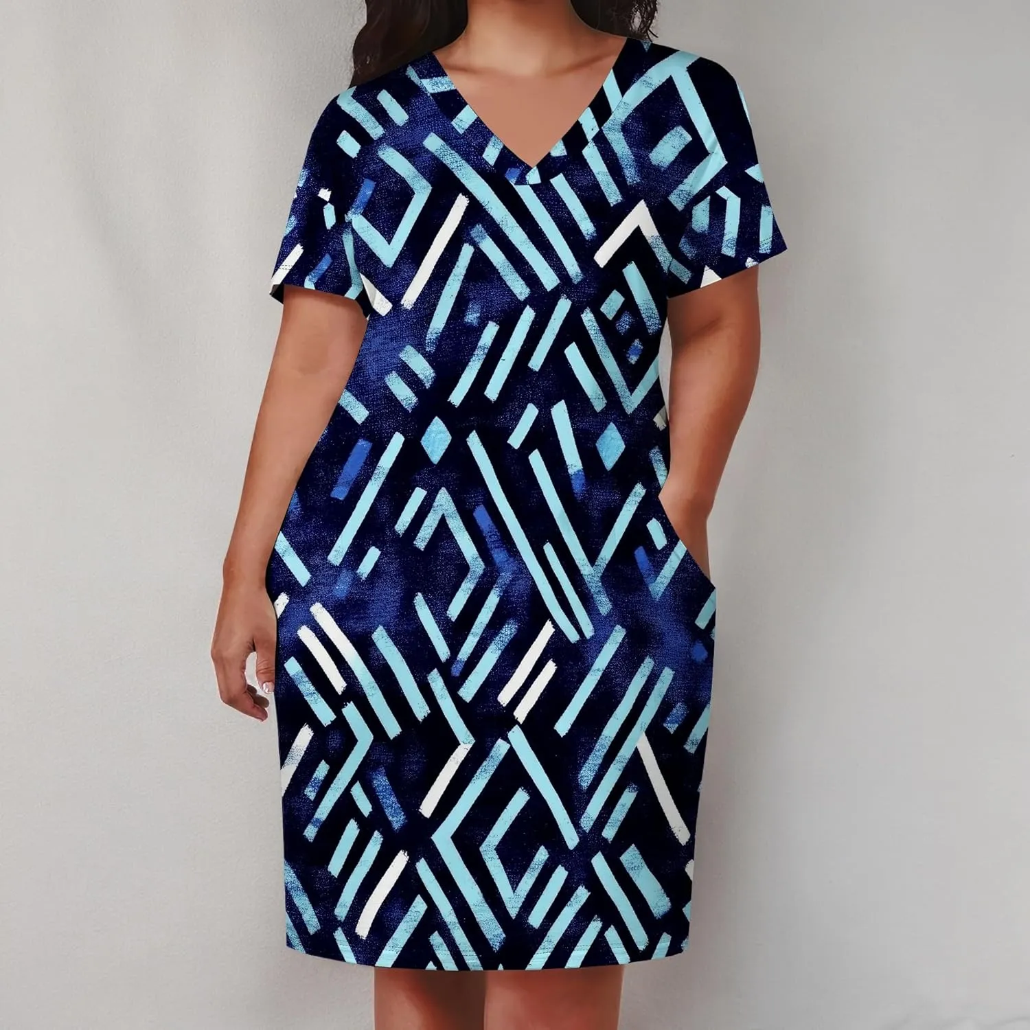 Women's African Print T-Shirt Dress Oversize V-Neck Short Sleeve Midi Dress Summer Casual Beach Sundress with Pockets