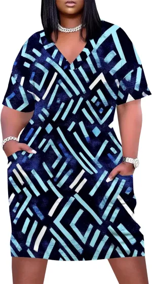Women's African Print T-Shirt Dress Oversize V-Neck Short Sleeve Midi Dress Summer Casual Beach Sundress with Pockets