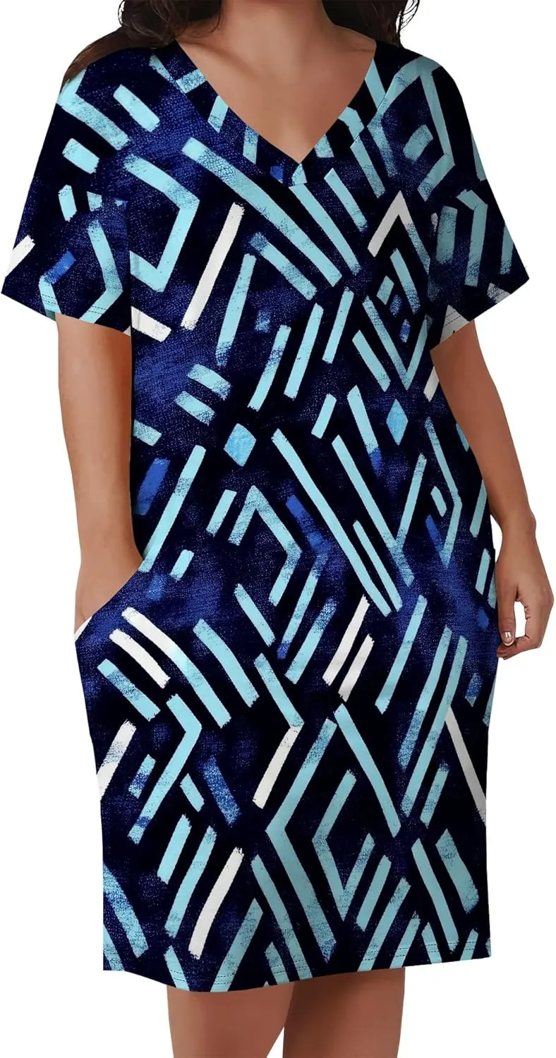 Women's African Print T-Shirt Dress Oversize V-Neck Short Sleeve Midi Dress Summer Casual Beach Sundress with Pockets