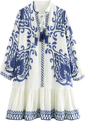 Women's Bohemian Dress Summer Floral Print Pleated Long Sleeve Mini Dresses Casual Button Down V Neck Beach Dress