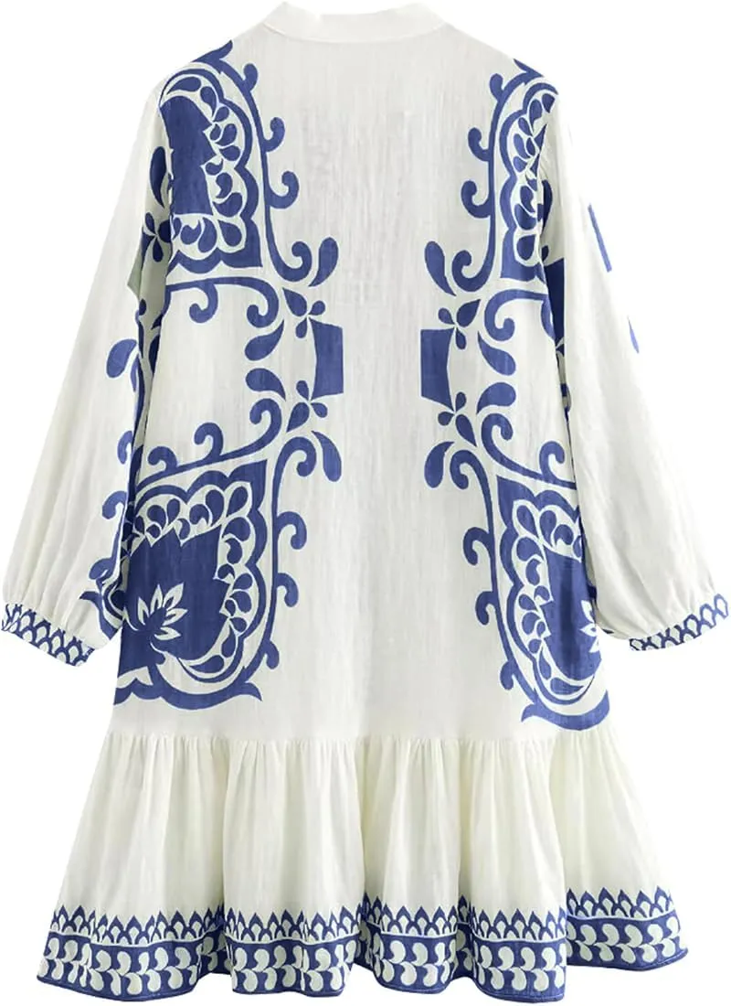 Women's Bohemian Dress Summer Floral Print Pleated Long Sleeve Mini Dresses Casual Button Down V Neck Beach Dress
