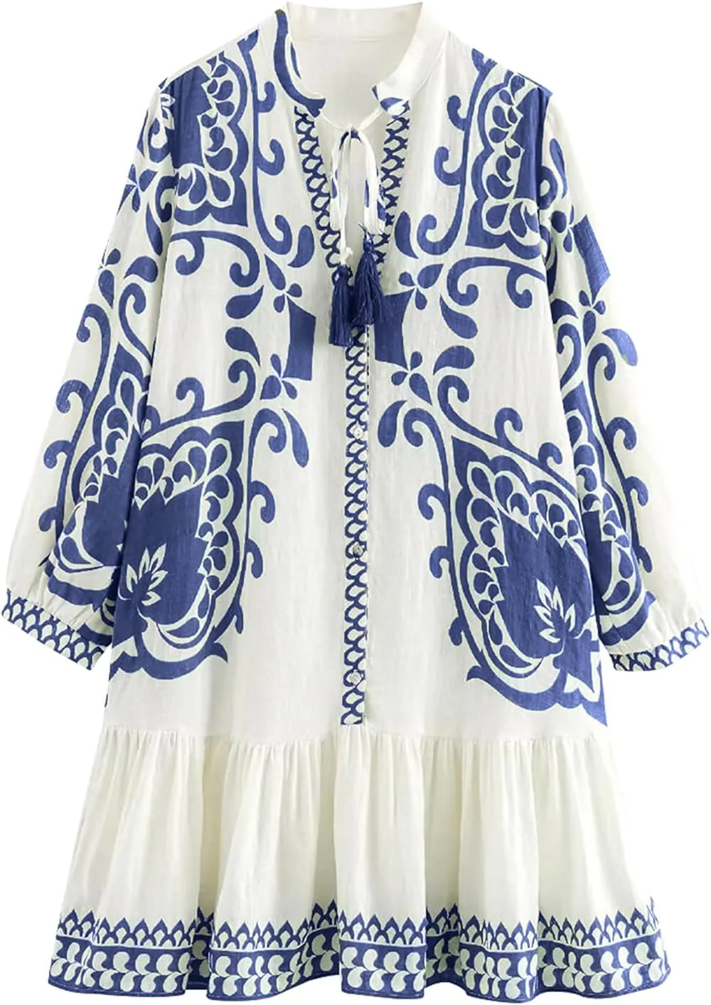 Women's Bohemian Dress Summer Floral Print Pleated Long Sleeve Mini Dresses Casual Button Down V Neck Beach Dress