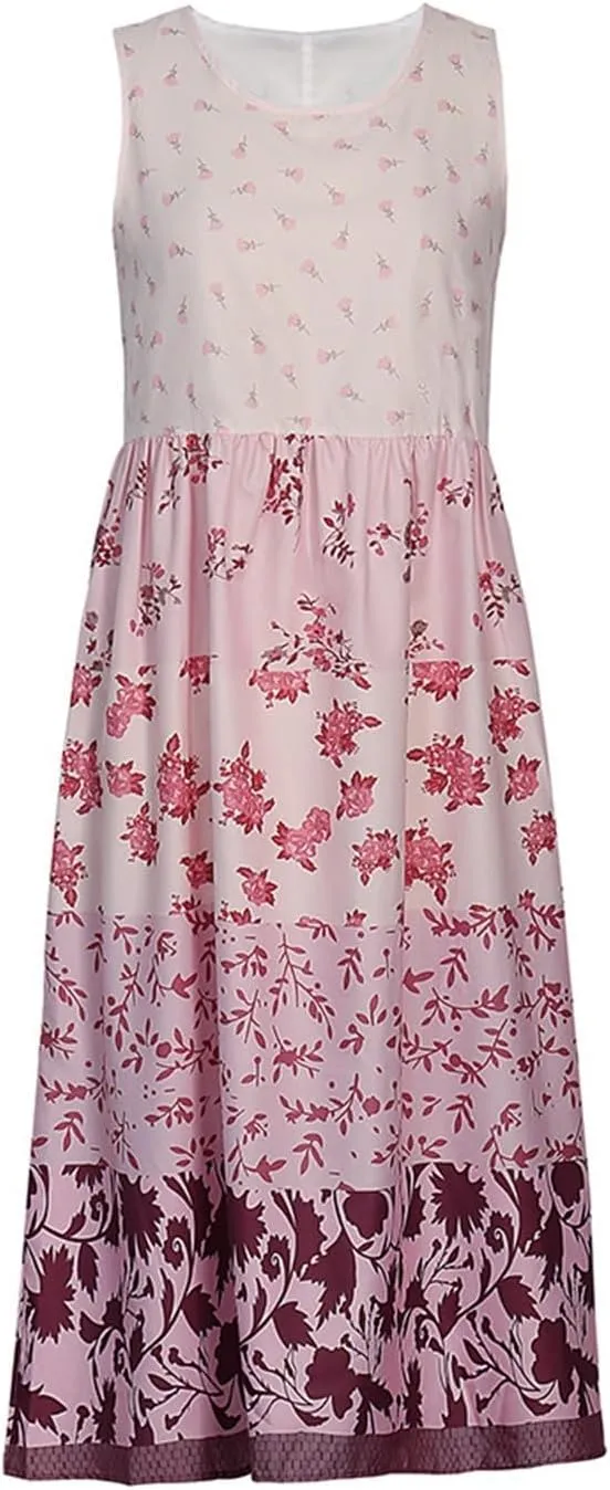 Womens Boho Floral Dress Summer Casual Loose Sleeveless Midi Dress Plus Size Patchwork Flowy Beach Boho Sundress