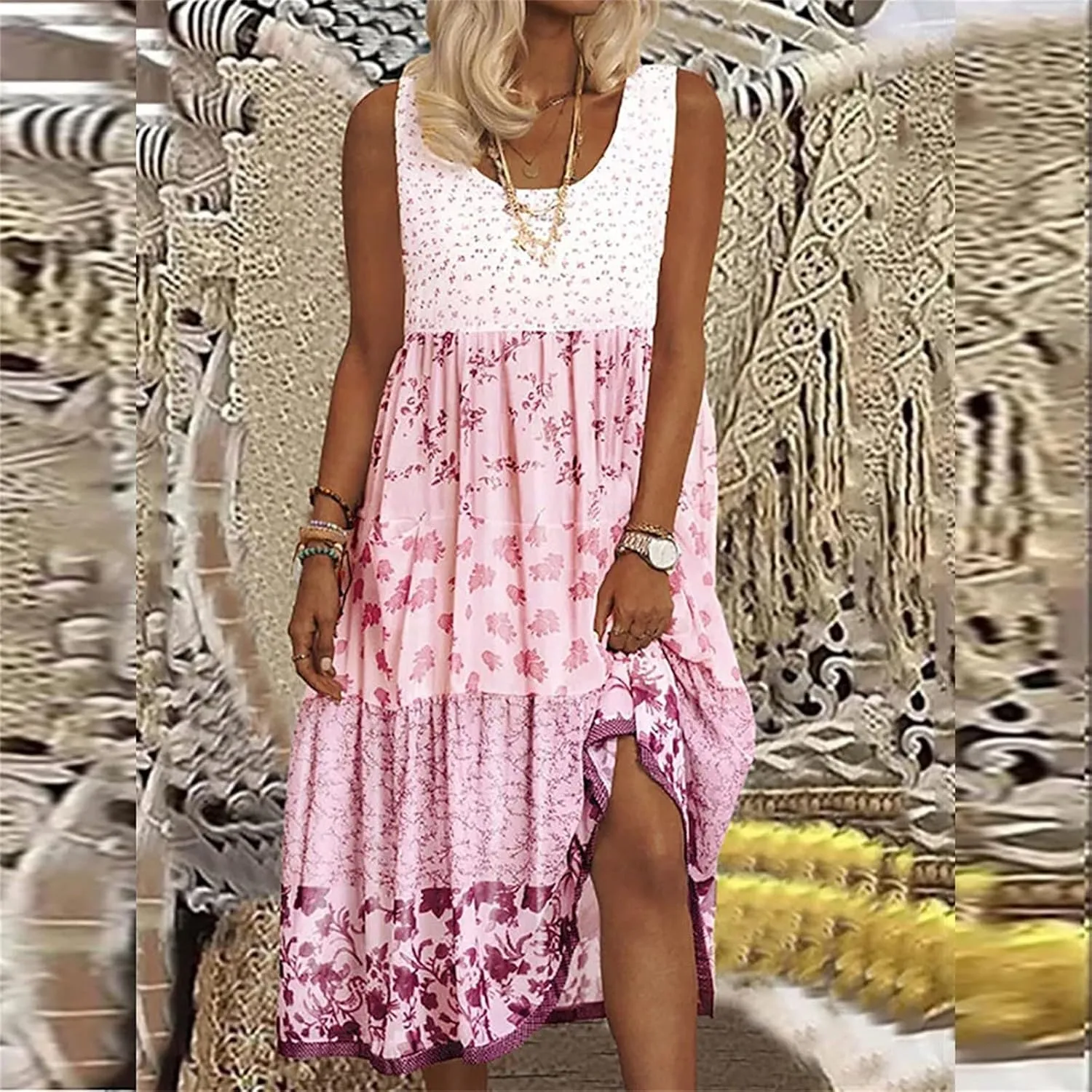 Womens Boho Floral Dress Summer Casual Loose Sleeveless Midi Dress Plus Size Patchwork Flowy Beach Boho Sundress