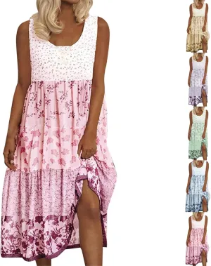 Womens Boho Floral Dress Summer Casual Loose Sleeveless Midi Dress Plus Size Patchwork Flowy Beach Boho Sundress