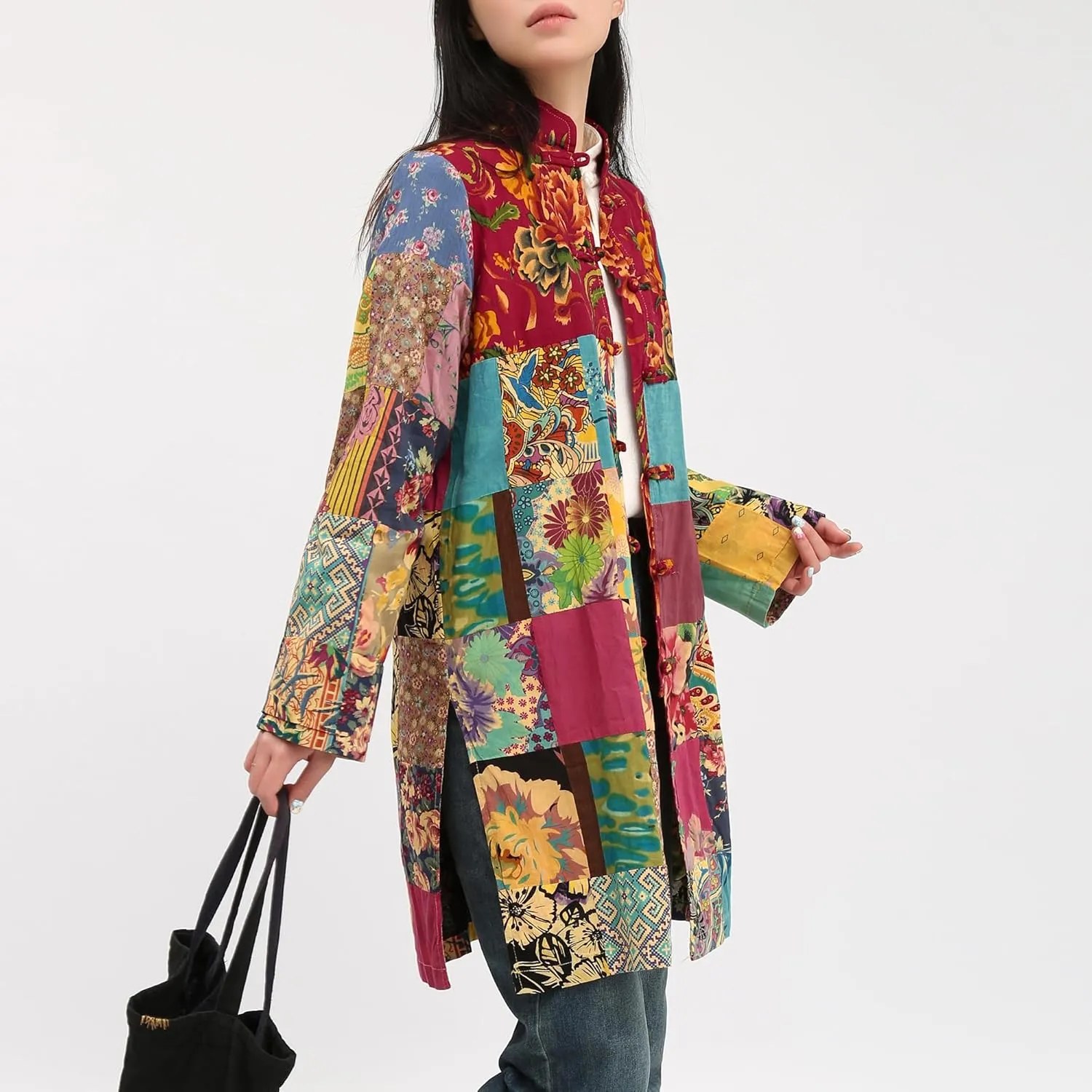 Women's Boho Floral Patchwork Jacket Lightweight Color-Blocked Plaid Windbreaker Coat for Spring & Fall
