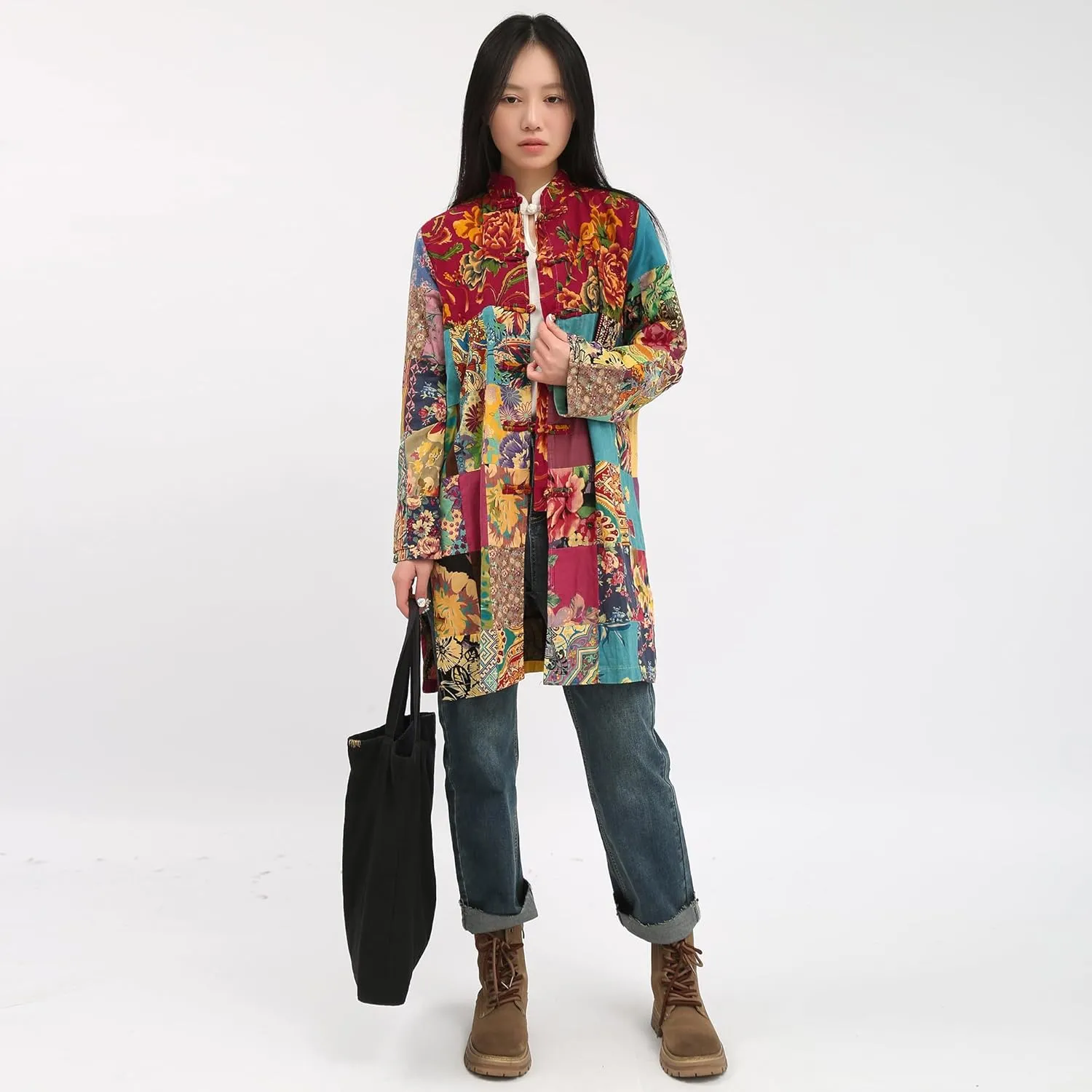 Women's Boho Floral Patchwork Jacket Lightweight Color-Blocked Plaid Windbreaker Coat for Spring & Fall