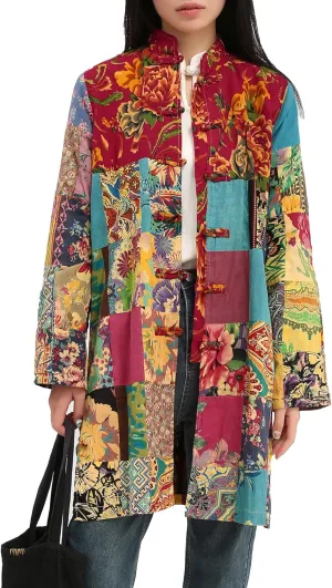 Women's Boho Floral Patchwork Jacket Lightweight Color-Blocked Plaid Windbreaker Coat for Spring & Fall
