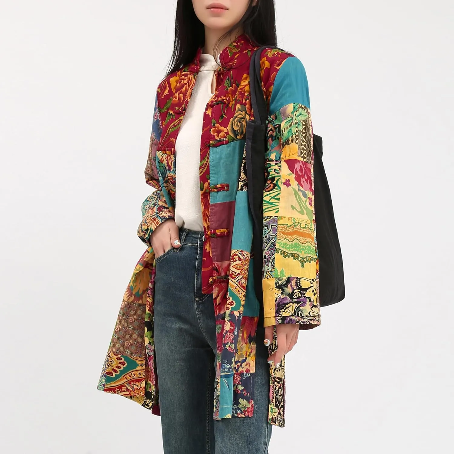 Women's Boho Floral Patchwork Jacket Lightweight Color-Blocked Plaid Windbreaker Coat for Spring & Fall