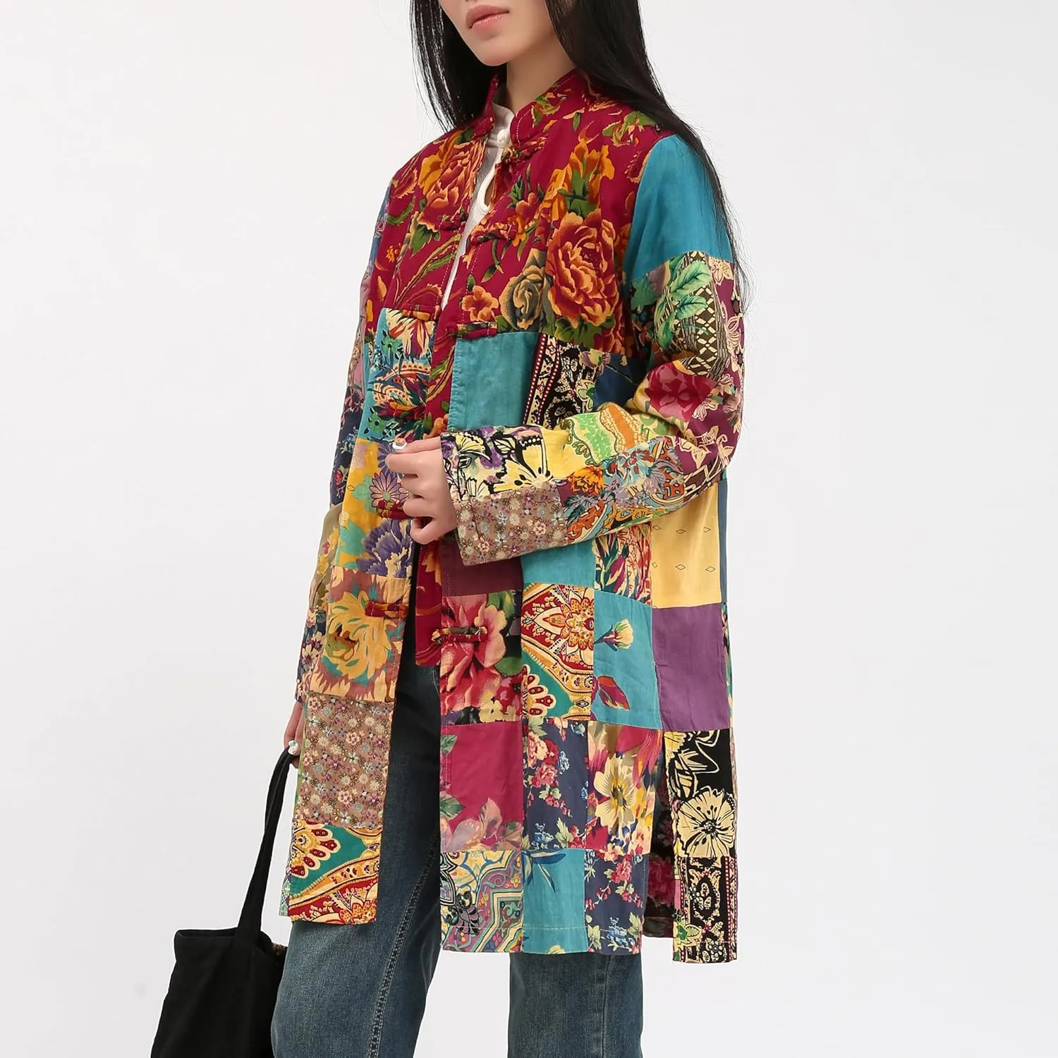 Women's Boho Floral Patchwork Jacket Lightweight Color-Blocked Plaid Windbreaker Coat for Spring & Fall