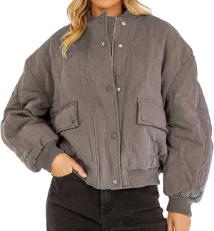 Women's Bomber Jacket Cotton Padded Ribbed Quilted Zip Up Long Sleeve Winter Coat Fall Outerwear Tops with Pockets