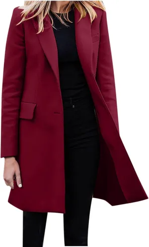 Womens Business Blazers Wool Blend Flannel Suit Jackets Long Pea Trench Coats Open Front Cardigan Fall Winter Tops