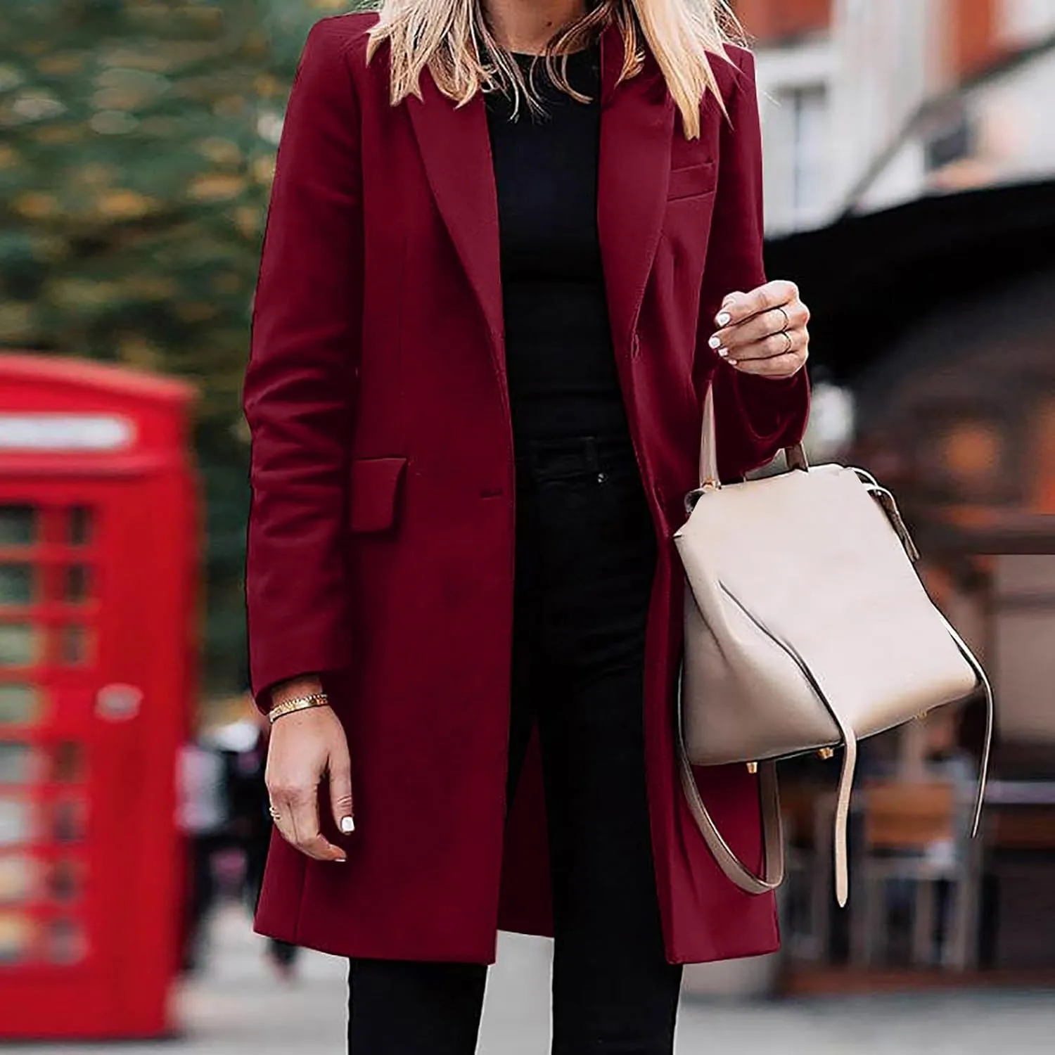 Womens Business Blazers Wool Blend Flannel Suit Jackets Long Pea Trench Coats Open Front Cardigan Fall Winter Tops