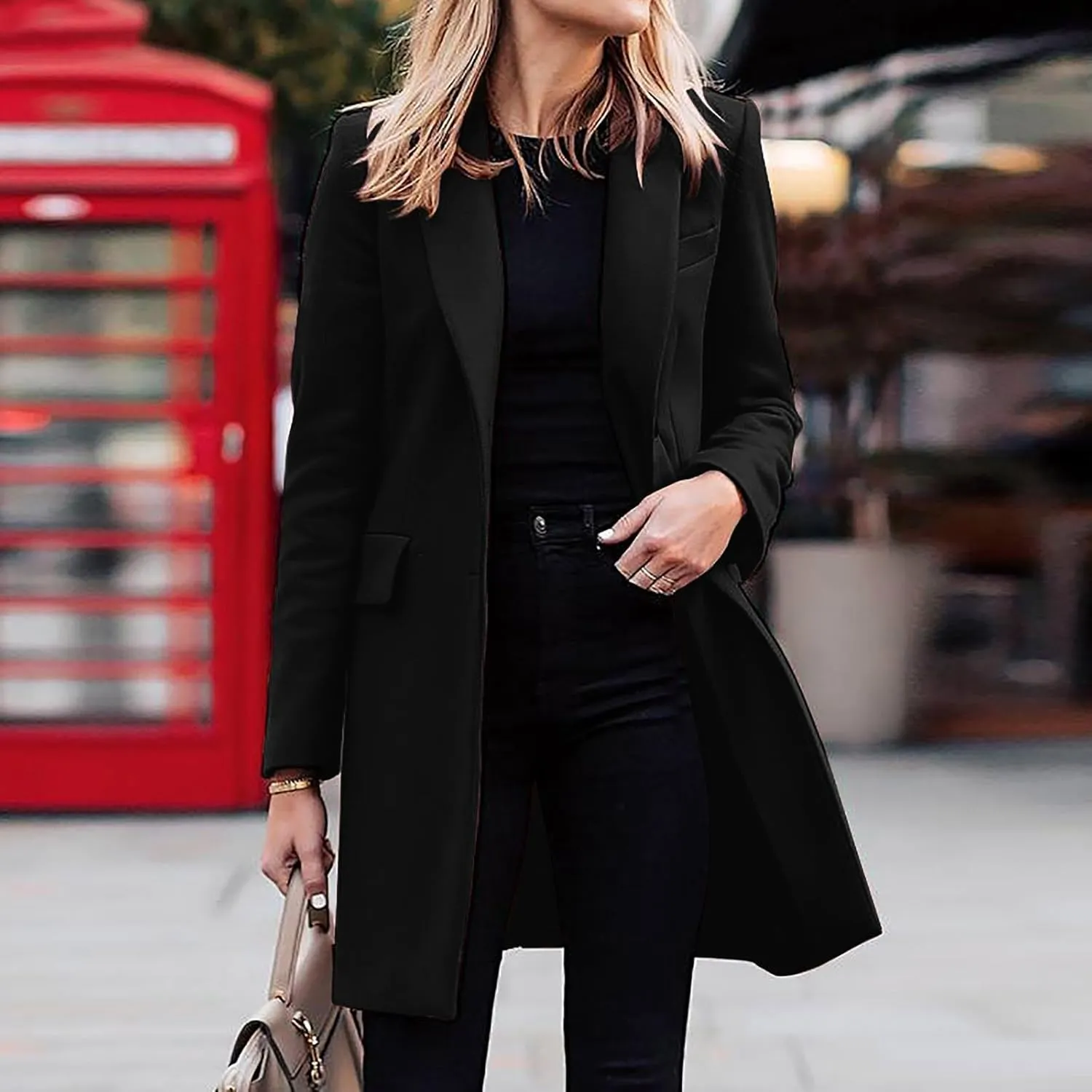 Womens Business Blazers Wool Blend Flannel Suit Jackets Long Pea Trench Coats Open Front Cardigan Fall Winter Tops