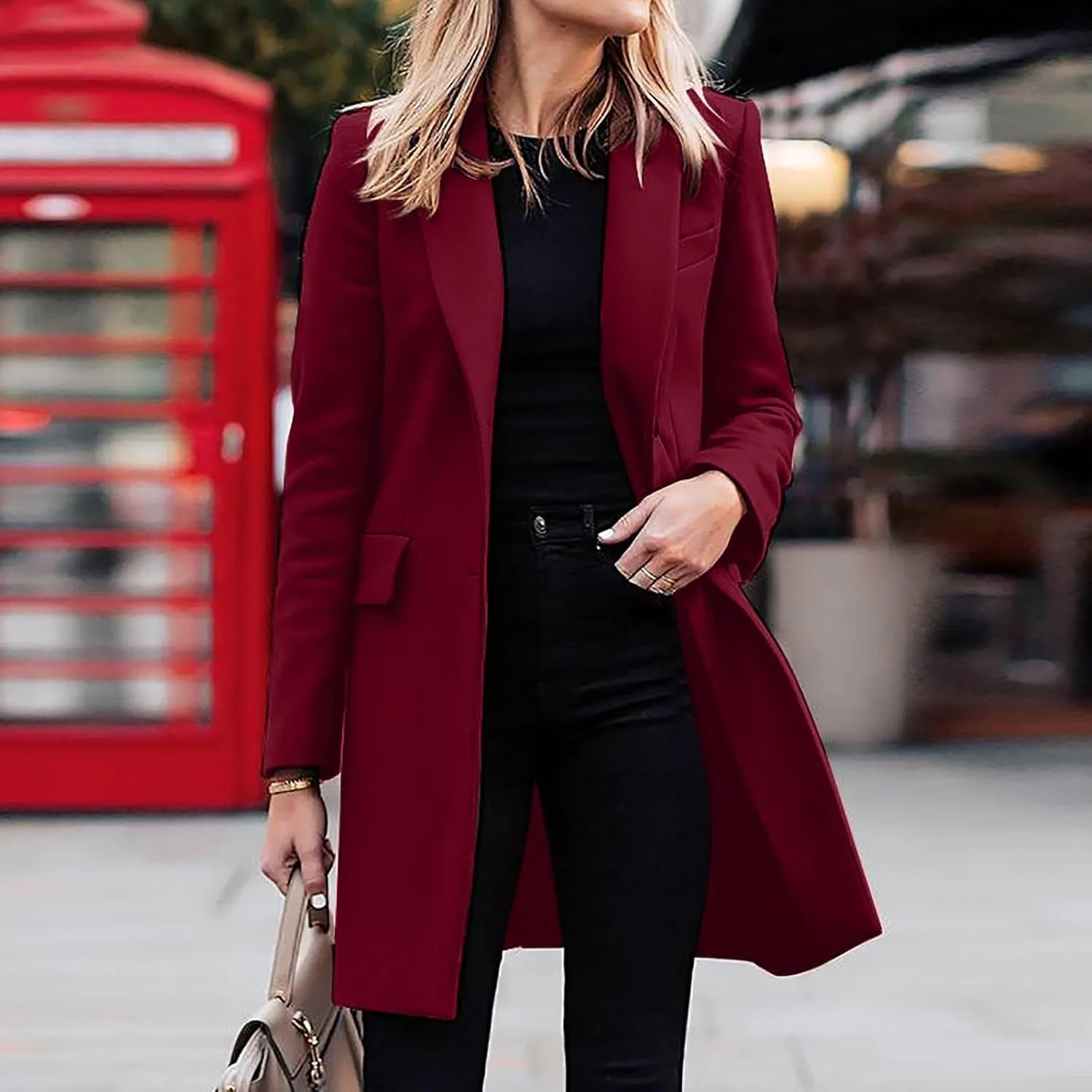Womens Business Blazers Wool Blend Flannel Suit Jackets Long Pea Trench Coats Open Front Cardigan Fall Winter Tops