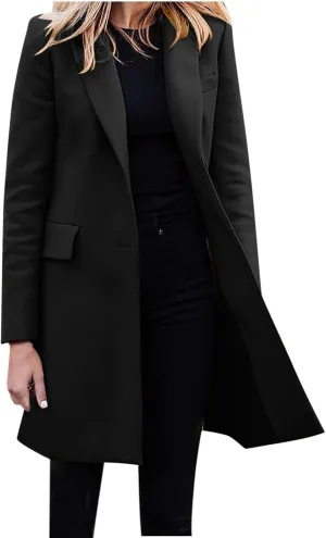 Womens Business Blazers Wool Blend Flannel Suit Jackets Long Pea Trench Coats Open Front Cardigan Fall Winter Tops