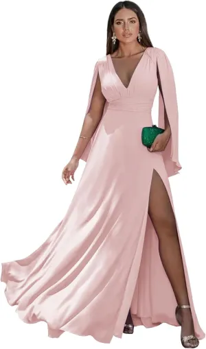 Women's Cap Long Sleeve Bridesmaid Dress High Split Long Pleated Chiffon Formal Gown