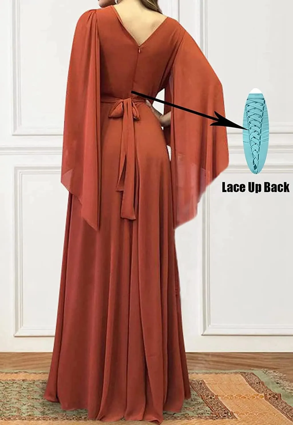 Women's Cap Long Sleeve Bridesmaid Dress High Split Long Pleated Chiffon Formal Gown
