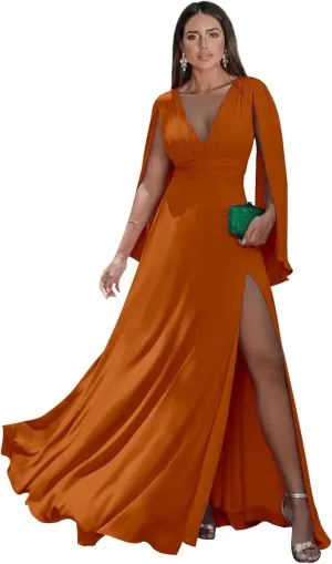Women's Cap Long Sleeve Bridesmaid Dress High Split Long Pleated Chiffon Formal Gown