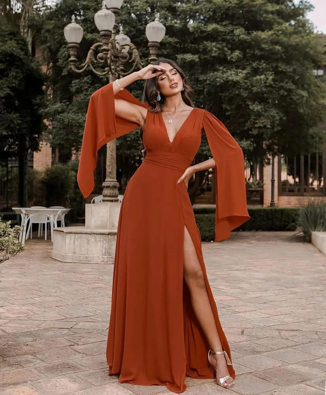 Women's Cap Long Sleeve Bridesmaid Dress High Split Long Pleated Chiffon Formal Gown
