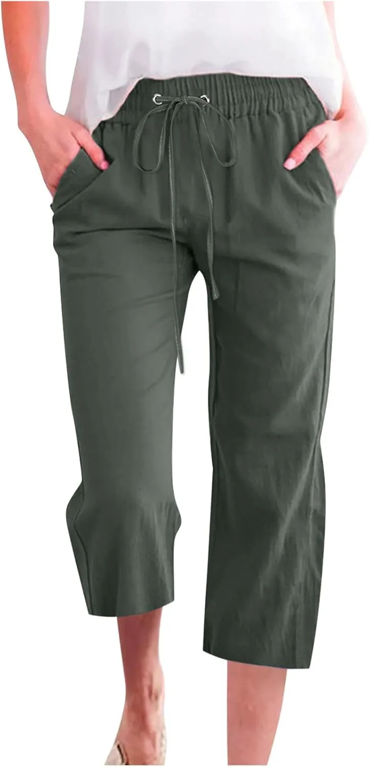 Womens Capri Pants Plus Size Summer Casual Pants High Waist Straight Wide Leg Pants Drawstring Linen Cropped Trouser