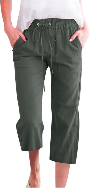 Womens Capri Pants Plus Size Summer Casual Pants High Waist Straight Wide Leg Pants Drawstring Linen Cropped Trouser