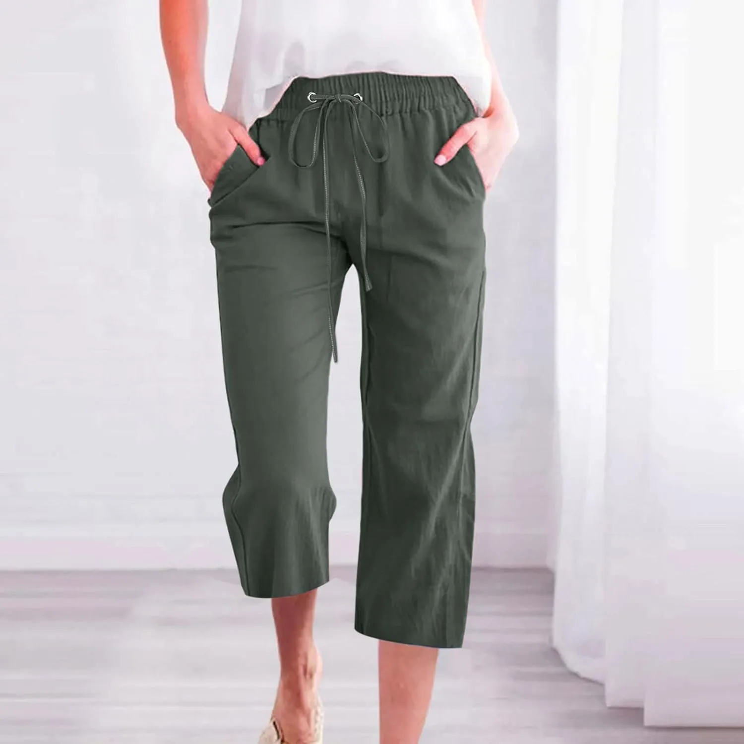 Womens Capri Pants Plus Size Summer Casual Pants High Waist Straight Wide Leg Pants Drawstring Linen Cropped Trouser