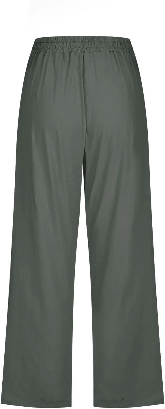 Womens Capri Pants Plus Size Summer Casual Pants High Waist Straight Wide Leg Pants Drawstring Linen Cropped Trouser