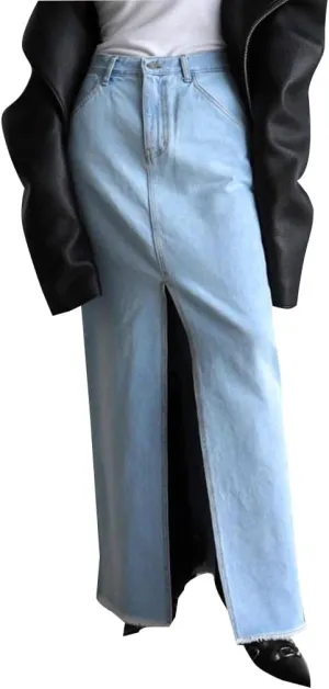 Women's Casual High Waisted Long Denim Skirt Vintage Solid Color Split Front Raw Hem a Line Flare Jean Skirts