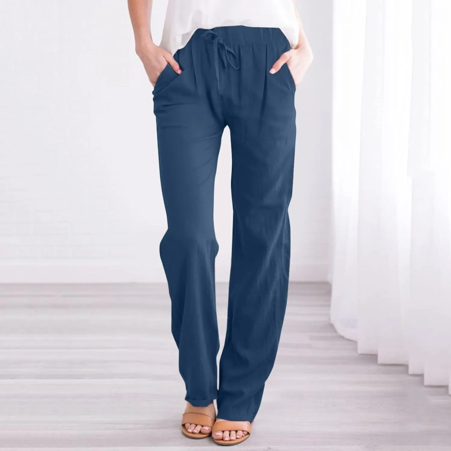 Women's Casual Pants Solid Cotton Drawstring Elastic High Waist Lightweight Joggers with Pockets 2025 Fit Summer