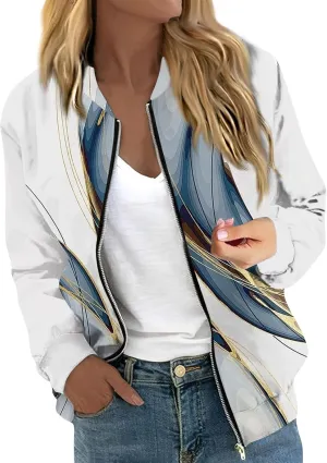 Women'S Coat 2024 with Zipper Fashionable Multi Print Long Sleeved Jacket