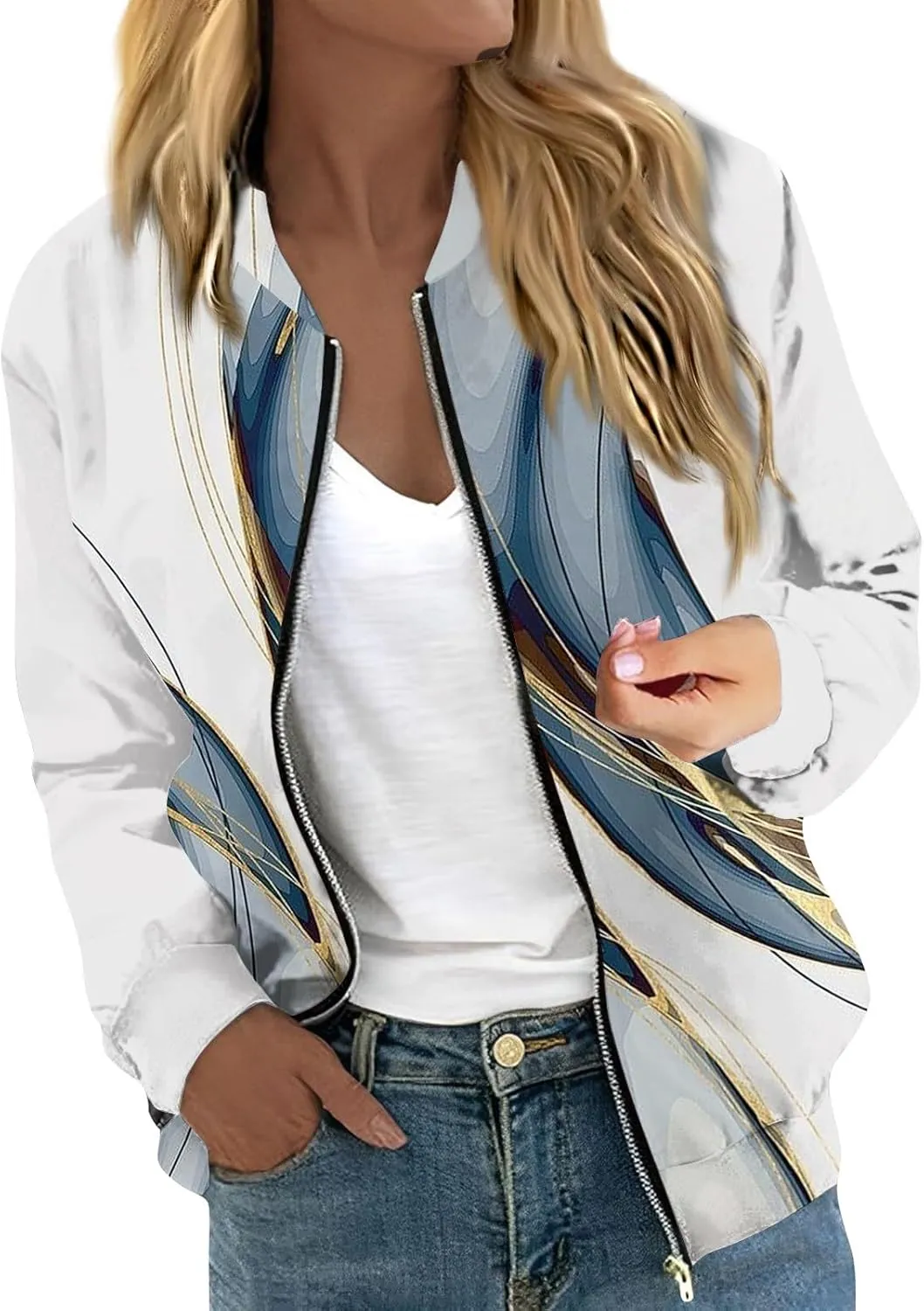 Women'S Coat 2024 with Zipper Fashionable Multi Print Long Sleeved Jacket