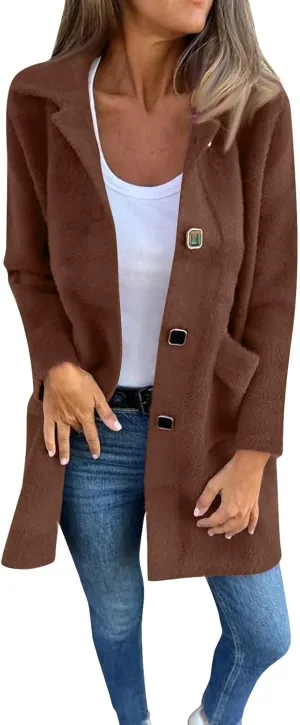 Womens Coats Long Sleeve Lapel Winter Coat for Women 2024 Pea Coat Fall Casual Coats Jacket Outerwear with Pockets