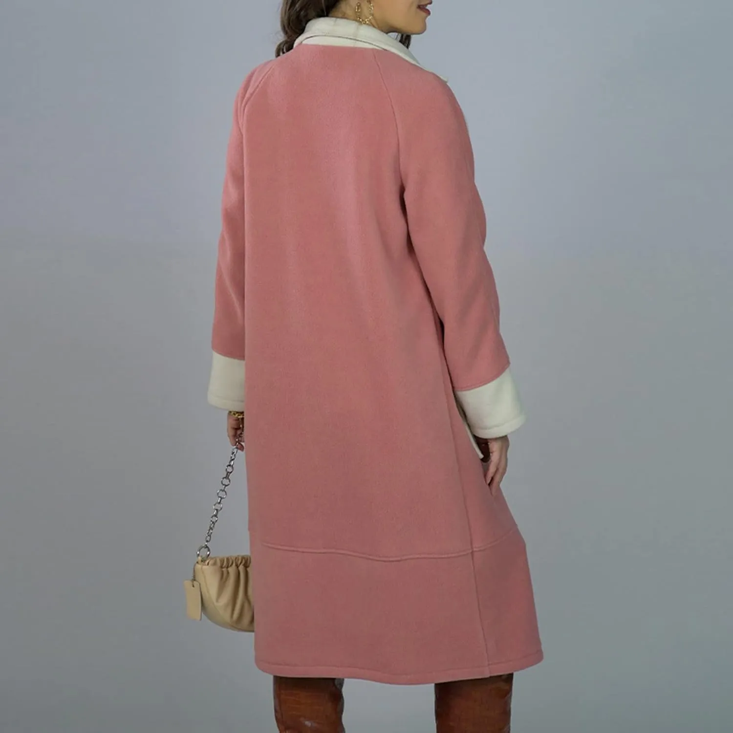Women's Contrast Color Notch Lapel Button Down Wool Blend Mid Long Pea Trench Coat Casual Loose Overcoats with Pockets