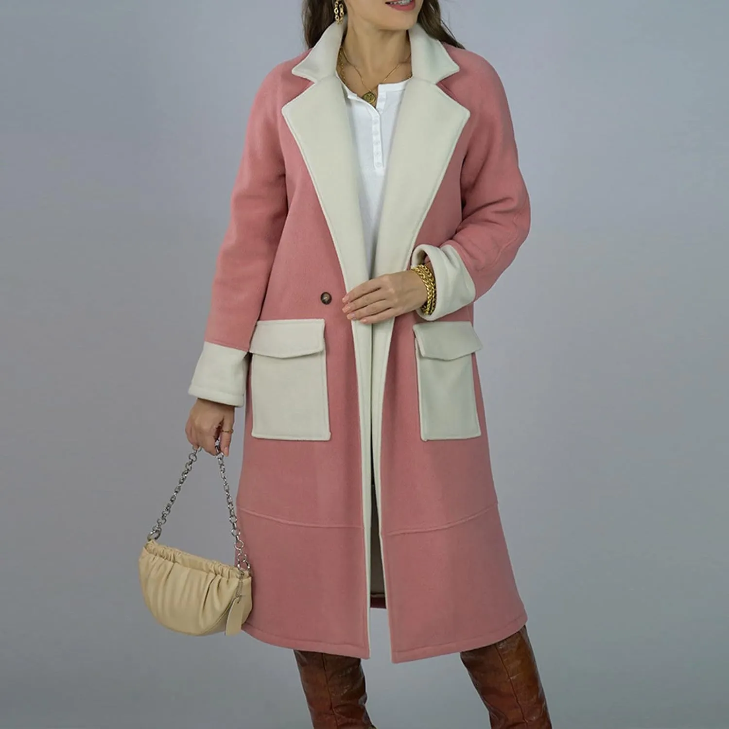 Women's Contrast Color Notch Lapel Button Down Wool Blend Mid Long Pea Trench Coat Casual Loose Overcoats with Pockets